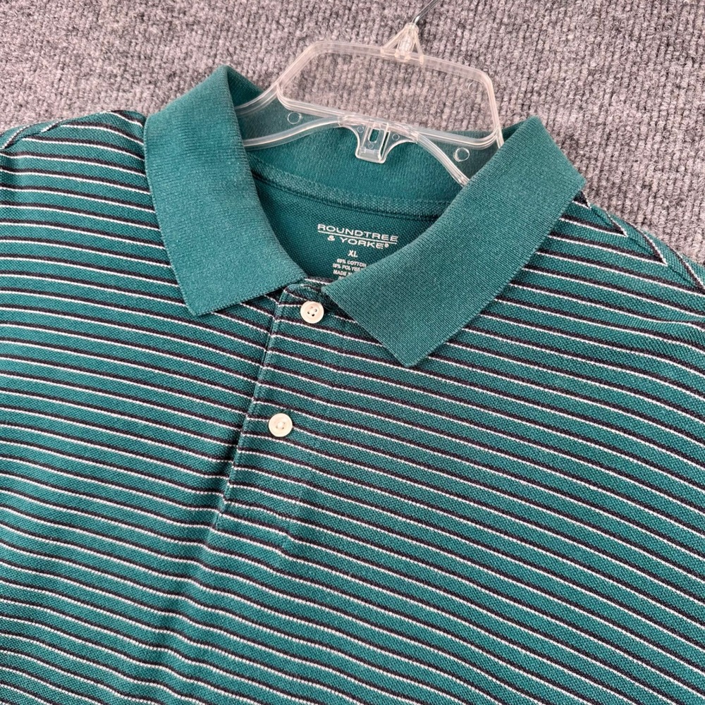 Roundtree & Yorke Mens XL Teal Green Striped Polo Shirt Heavy Cotton Blend Short